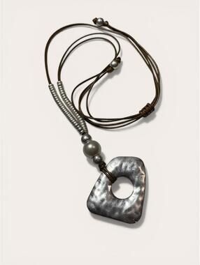 Boho Costal Pearl and Hammered Metal Pendant Necklace
